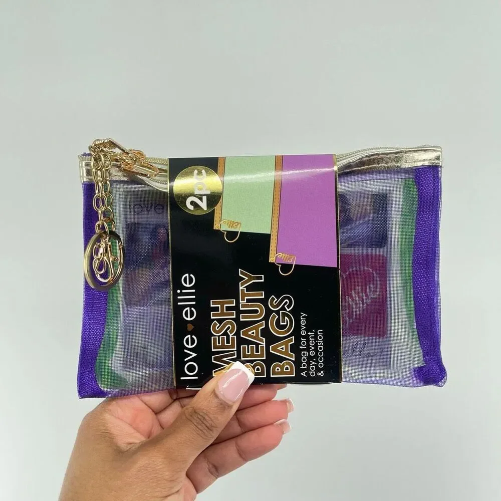 Love Ellie 2Pc Mesh Beauty Bags Set Purple Green Travel Cosmetic Pouches NIP
